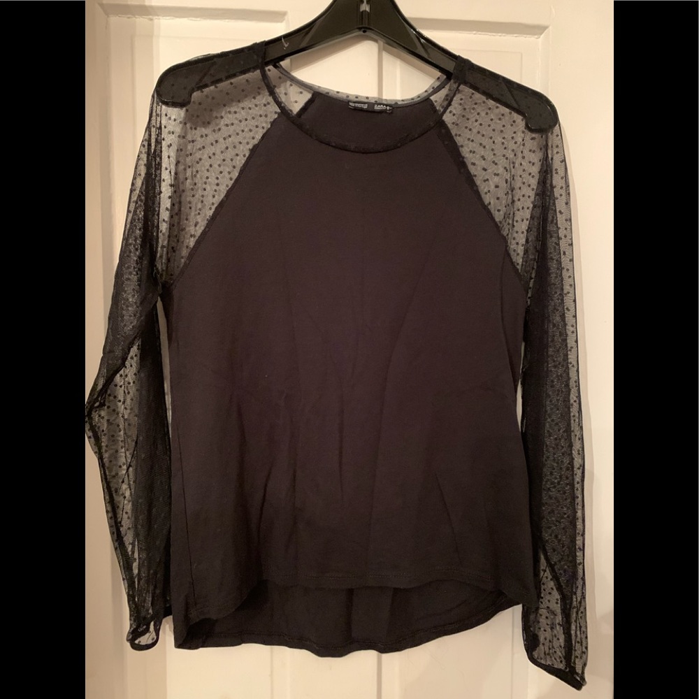 Zara Black Top With Sheer Polka Dot Sleeves